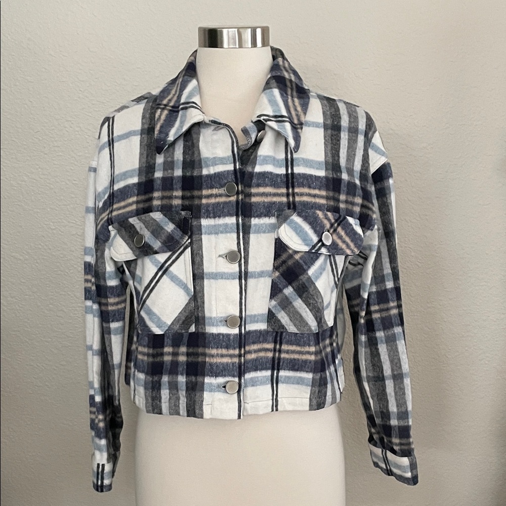 Zara Blue and White Plaid Utility Jacket